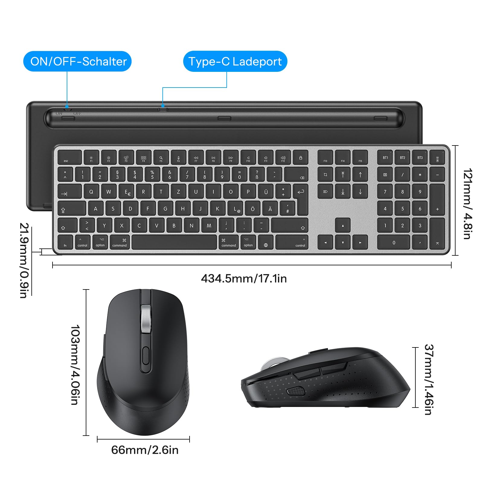 OMOTON Tastatur Maus Set Kabellose für MacBook Air/MacBook Pro/iMac/iMac Pro/Mac mini, Bluetooth Funktastatur QWERTZ mit Maus Wiederaufladbar, Multi-Gerät, Ergonomisch, Leises Tippen, DE Layout