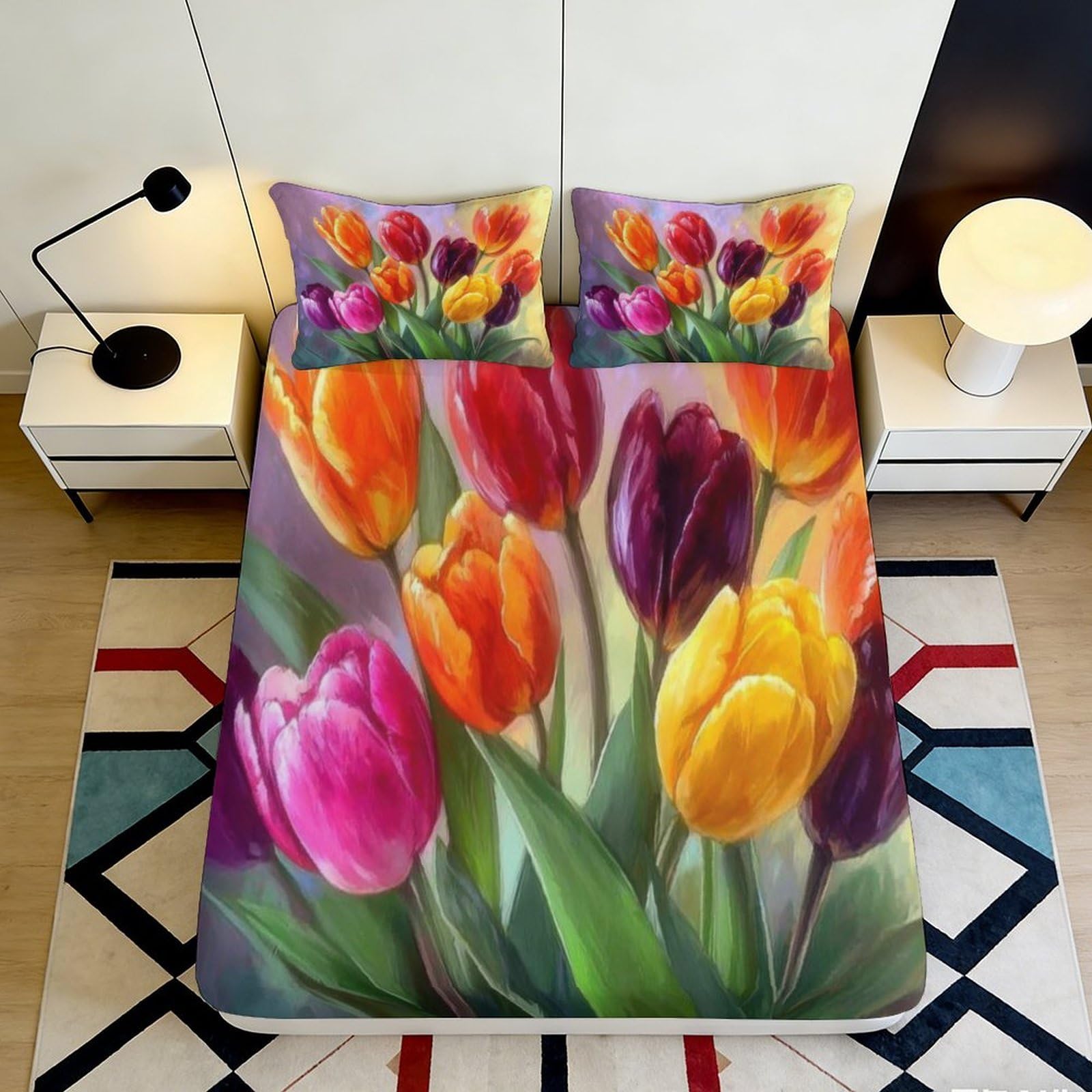 3D Printed Tulip Fitted Sheet Microfiber Deep Pocket Bedroom Bedding Tulip Mattress Fitted Cover Non-Slip Washable 140x200x25cm