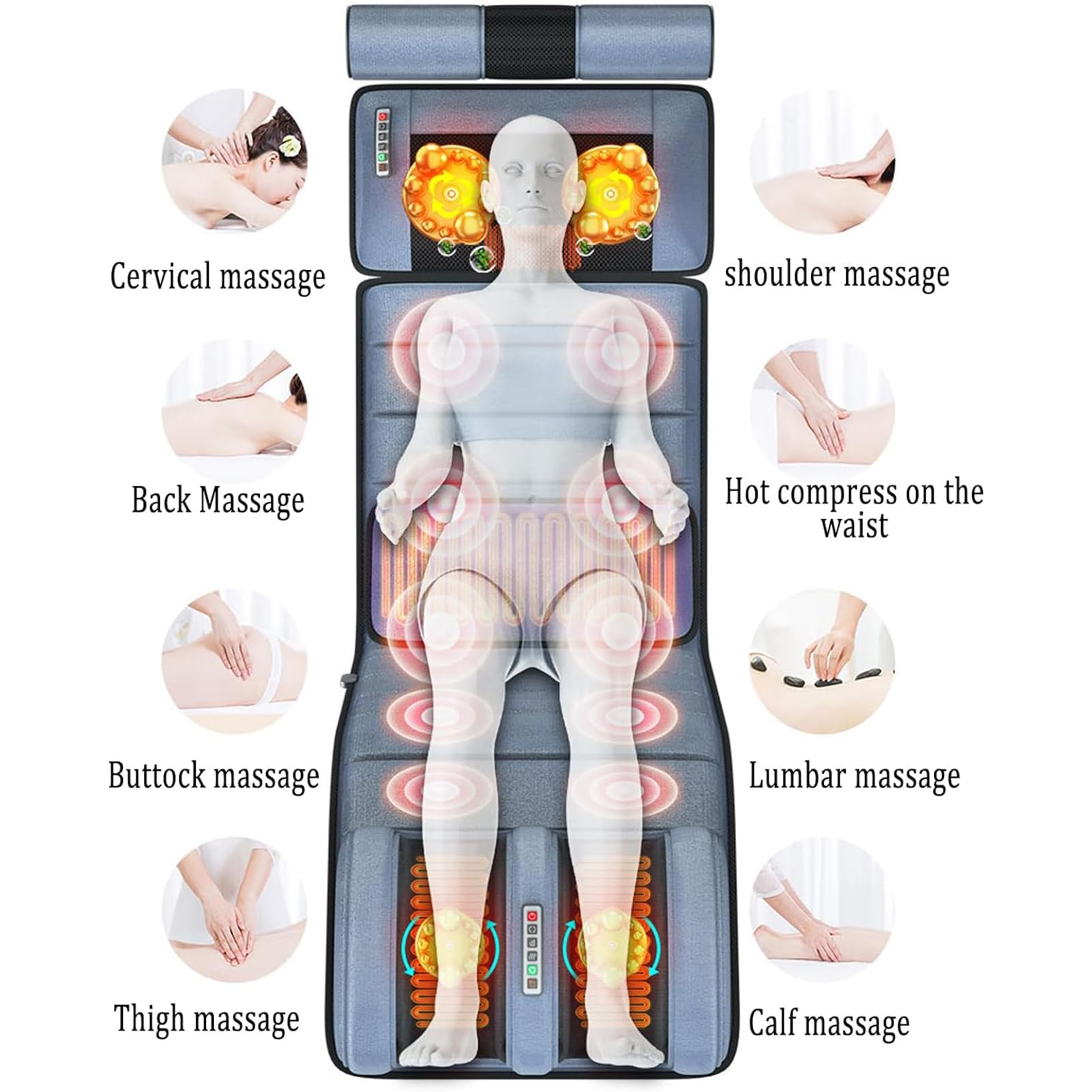 Esterilla de masaje corporal con calor: masajeador de espalda completo con 10 motores vibratorios con 2 almohadillas térmicas para cuello, espalda y hombros, colchón de masaje, relajación de los