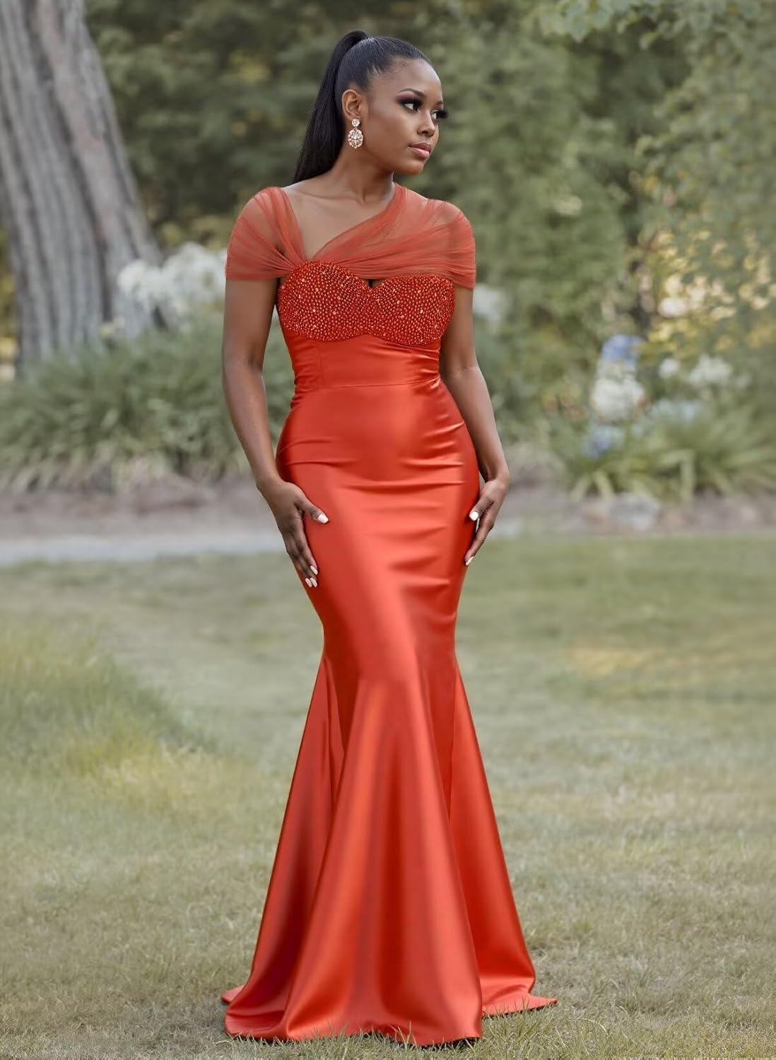 Mermaid Beaded Bridesmaid Dresses for Women Long Satin Tulle Prom Formal Evening Gown Wedding Guest Dress