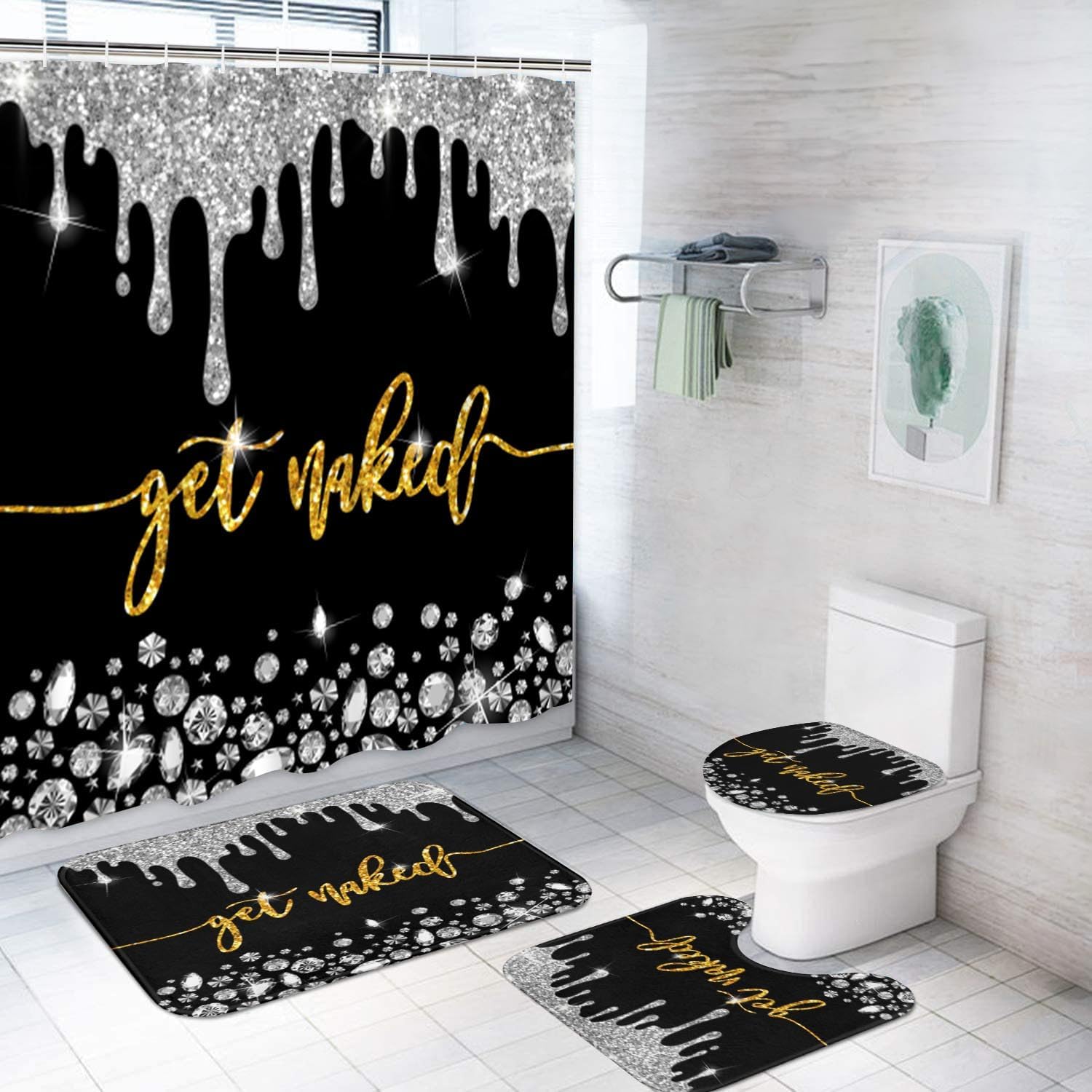 ArtSocket 4PC Funny Get Naked Grey Striped Vintage Abstract Shower Curtain Sets Bathroom Decor with Rugs, Non-Slip Rug,Toilet Lid Cover, Bath Mat and 12 Hooks 72x72 inches