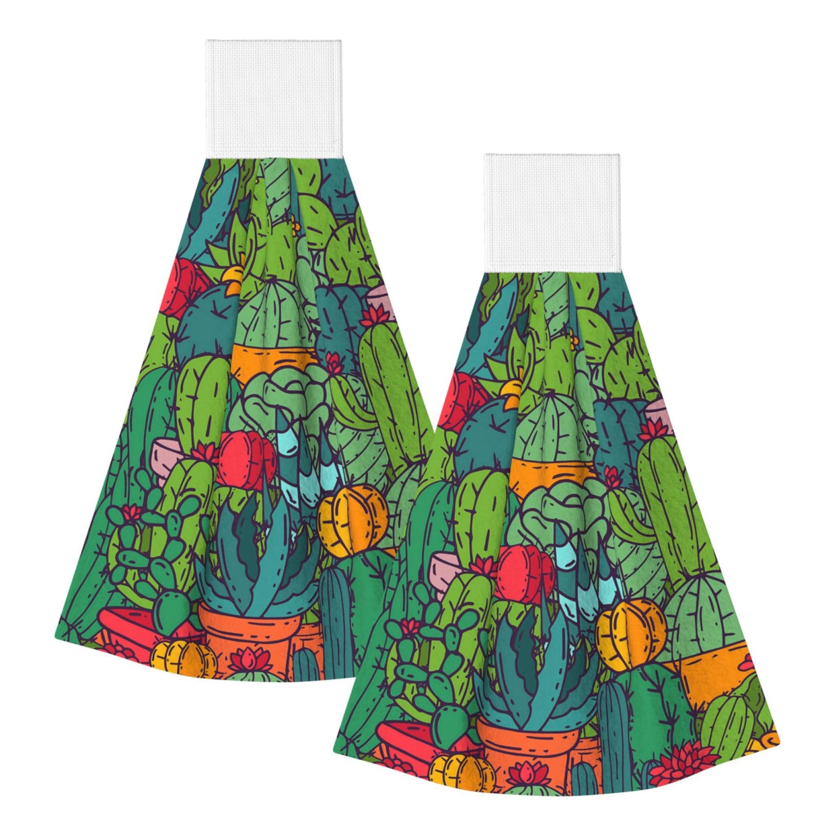 DOPKLNA Succulents Cacti Green Plants Cactus, 2 Pcs Hanging Coral Fiber Hand Towels for Bathroom, Absorbent Kitchen Towels