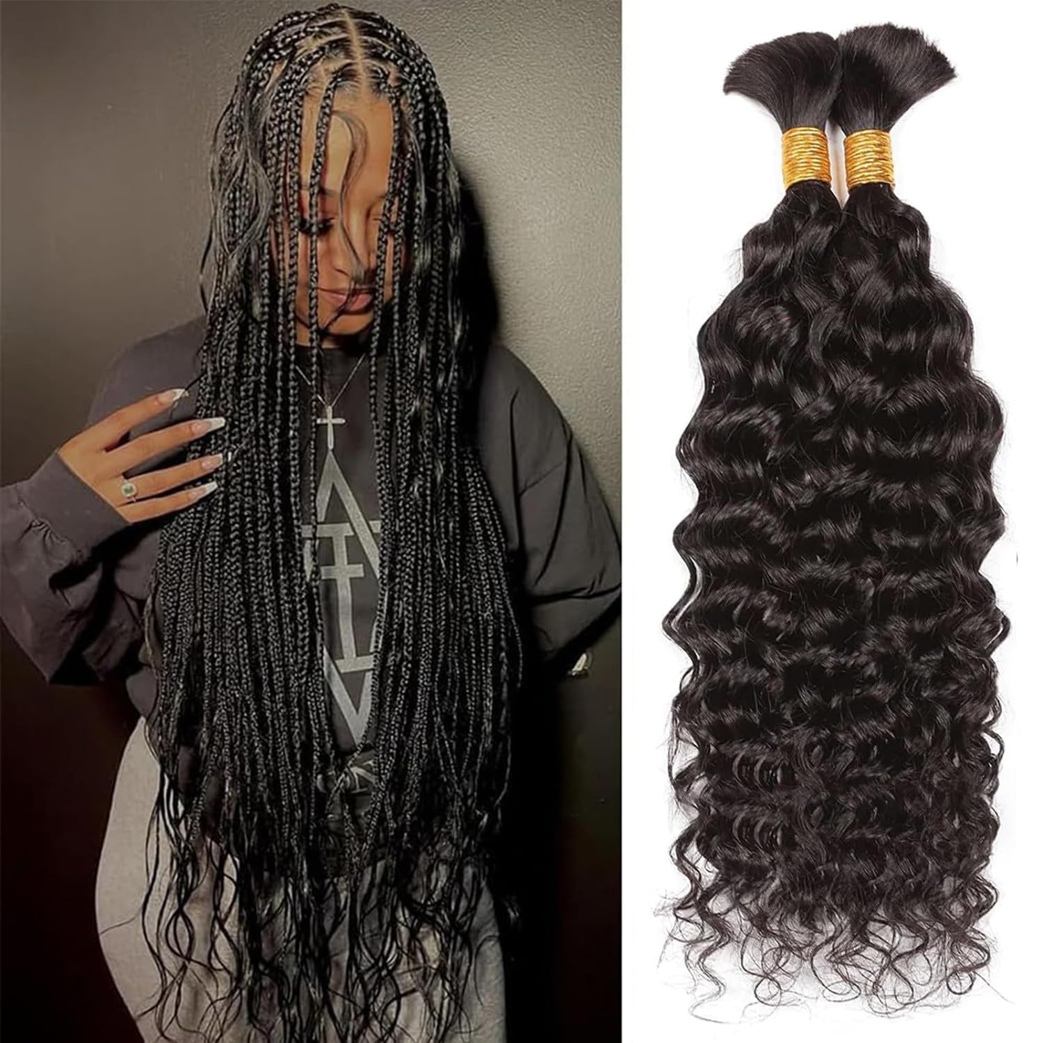 DaiMer Human Braiding Hair 2 Bundles/Pack 100g 26 Inch Water Wave Bulk Human Hair for Braiding No Weft 10A Brazilian Virgin Human Hair Extensions for Boho Braids Natural Color Wet and Wavy