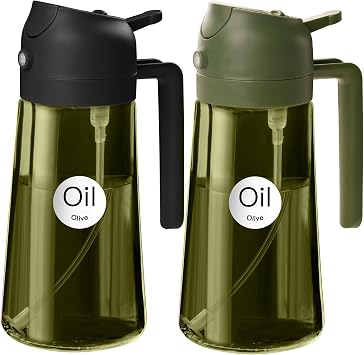 YARRAMATE 2pcs 16oz/470ml Dark Green Oil Spray for Cooking with Sticker Food Grade Premium 2 in 1 Olive Oil Dispenser Bottle for Kitchen Gadgets Air Fryer Salad Fry Food BBQ Black & Olive Green