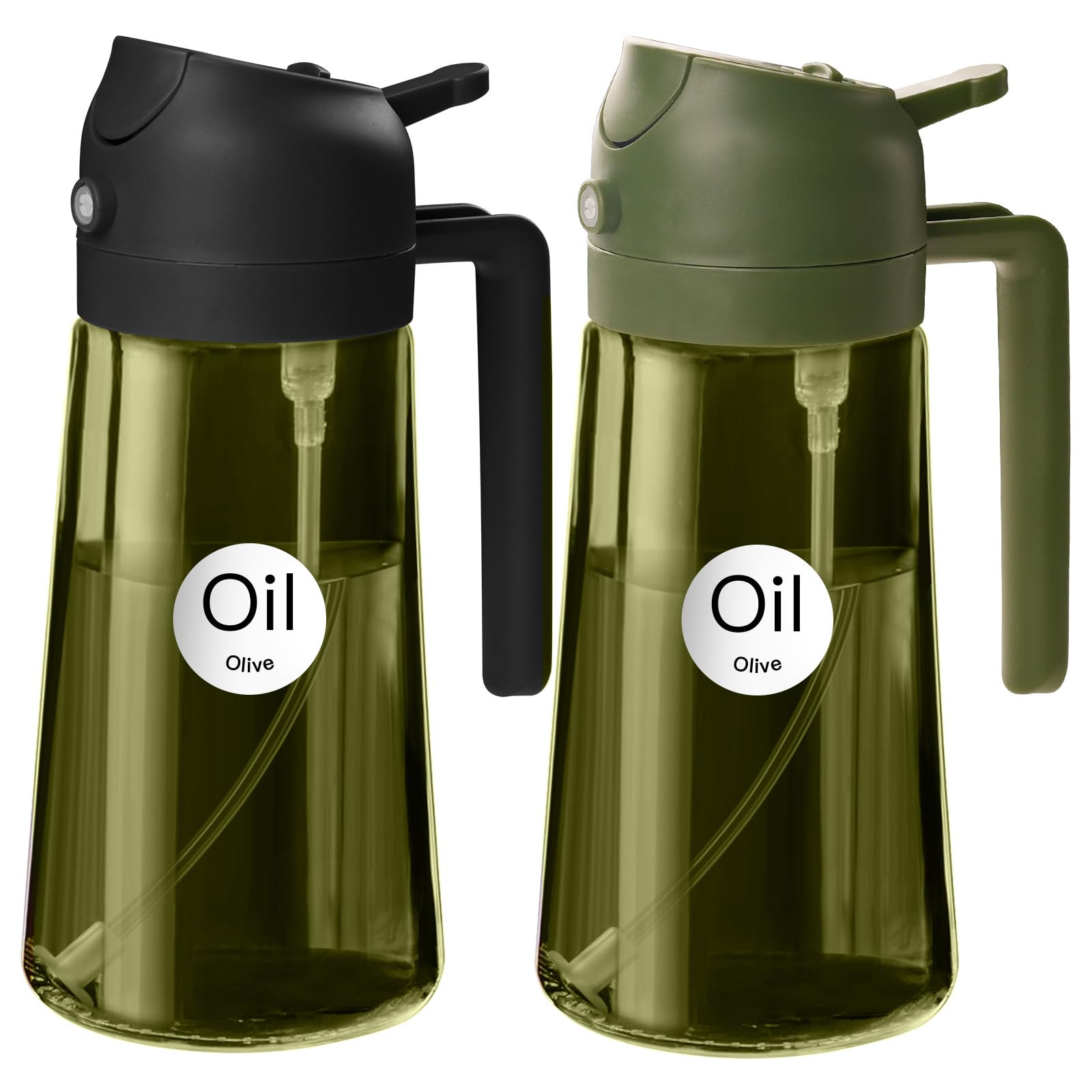 YARRAMATE 2 Stück 470ml Ölsprüher zum Kochen, 2-in-1 UV Schutz ölzerstäuber für die Küche, hochwertige grüne Glasölflasche, lebensmittelechter Sprühflasche für die BBQ (schwarz & olivgrün)