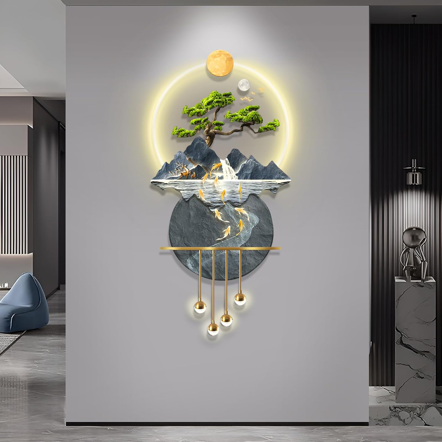 LED Light Decor Wall Art, 3D Art Wall Decor with Light, Decors Walls Sculptures Large 3D Art, Decors Walls Sculptures Lighting Modern, Plug-in Power Supply, Blue D, 23x47in