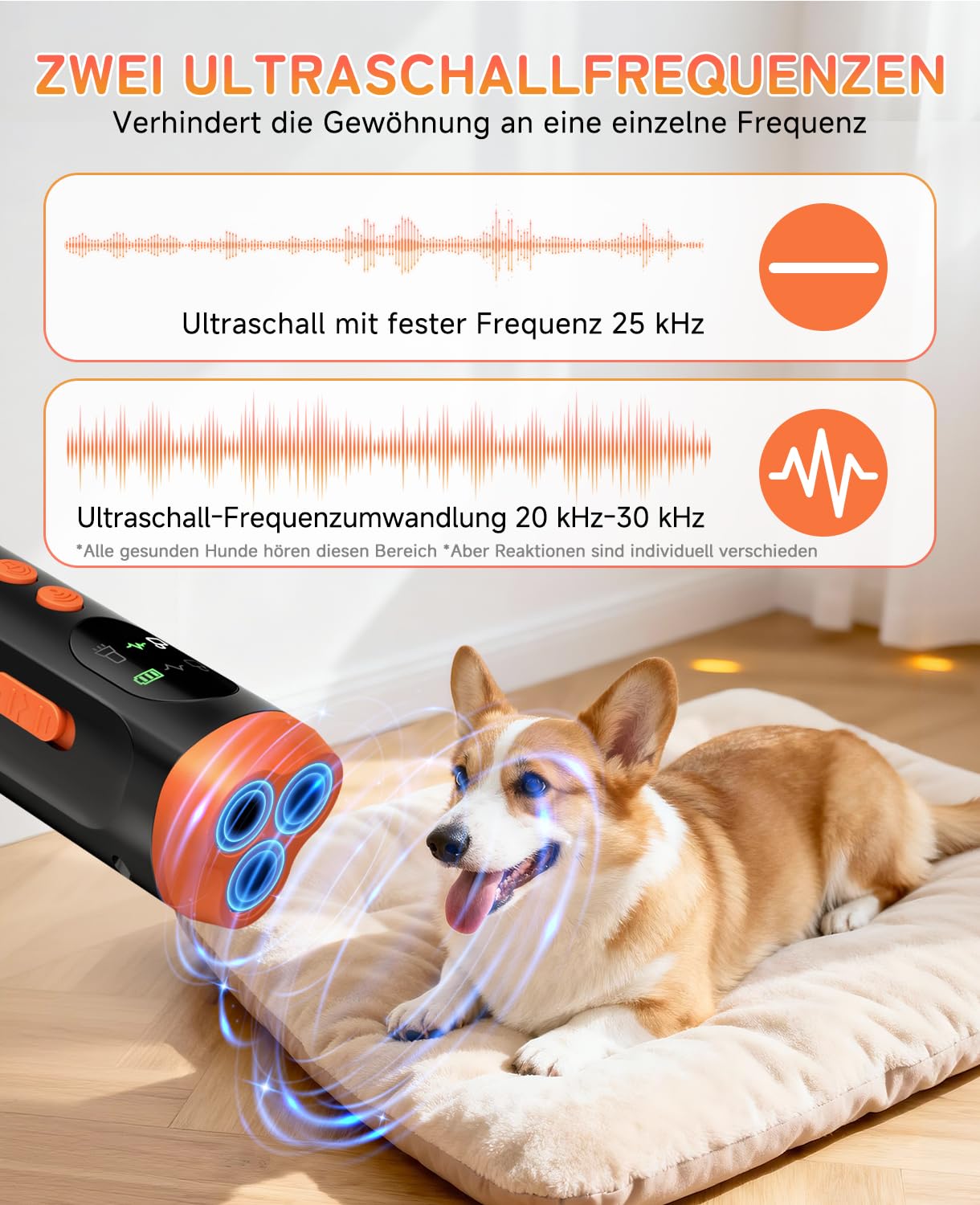 Anti Bell Gerät Hunde, Hundeabwehr Ultraschall, Ultrasonic Dog Trainer, Wiederaufladbar Hundebellen Abschreckungsgerät mit 5 m Reichweite, Bellstopper für Innen und Außen, Taschenlampenfunktion