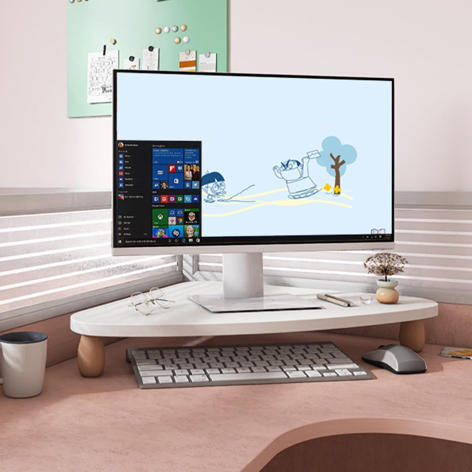 Supporto per Monitor angolare Bianco, Supporto per Computer da scrivania in Legno, Grazioso ripiano angolare per scrivania da Ufficio per Laptop, Facile da Montare