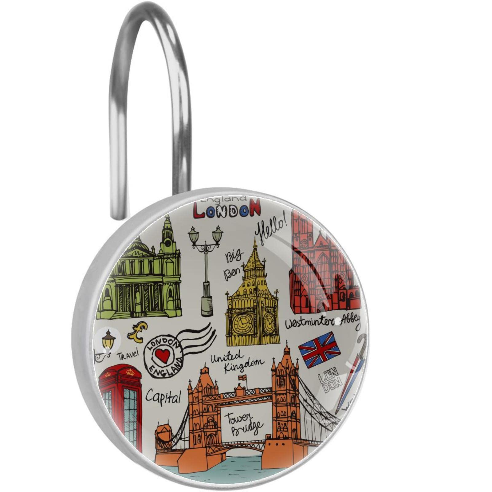 Crochets pour rideau de douche inox au motif Londres pour transformer votre salle de bain