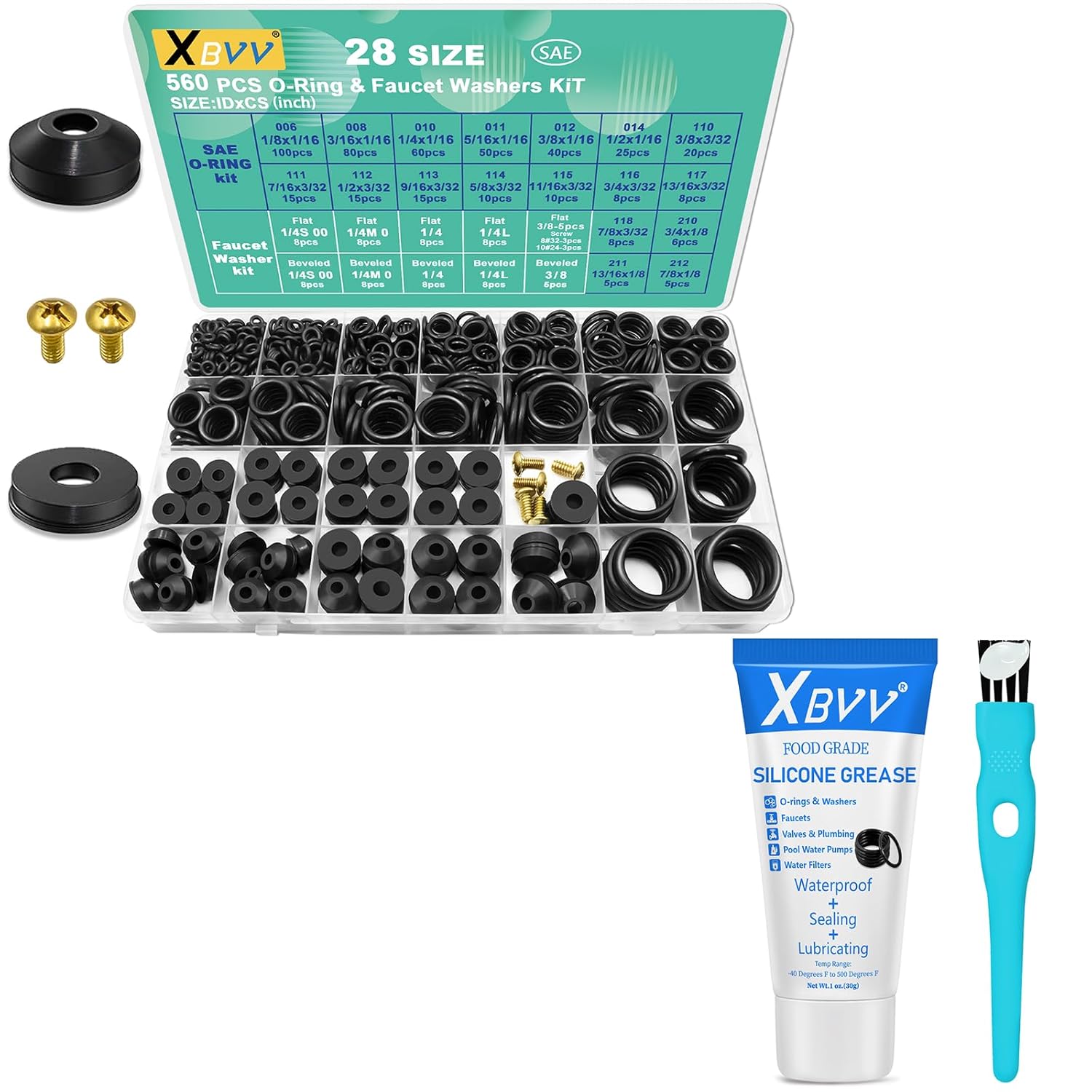 XBVV 1 Pack Silicone Grease and 560 Pcs 28 Size Faucet Rubber Washers Kit and SAE O Ring Assortment Set for Assorted Plumbing Faucet Sealing Repair
