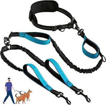 Hands-Free Double Dog Leash with Waist Belt, Reinforced Bungee, 4 Foam Padded Handles, Black and Blue