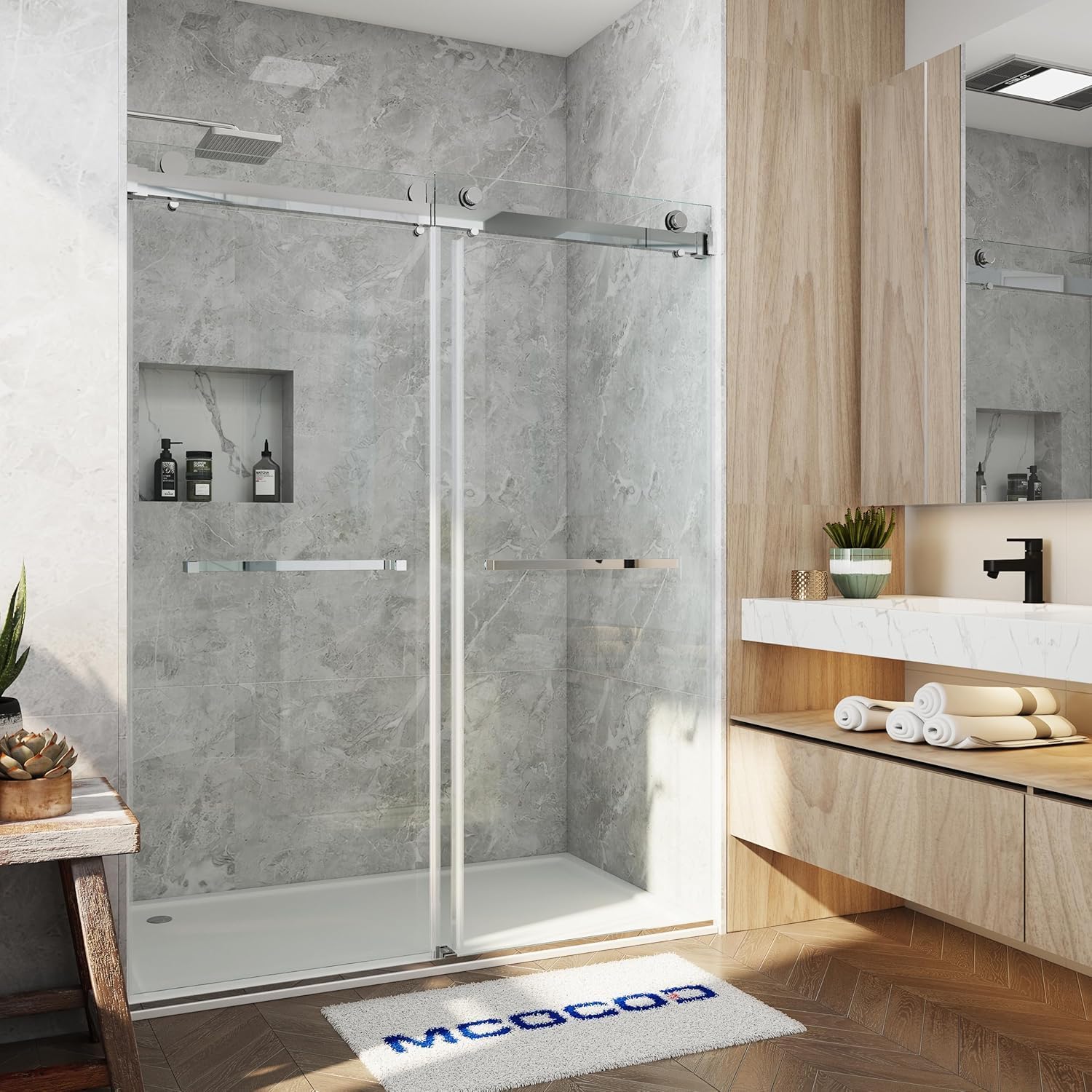 50"-54" W x 76" H Frameless Shower Door, Double Sliding Glass Bathroom Shower Door with 3/8" (10mm) SGCC Tempered Glass, Frameless Sliding Shower Door, Chrome