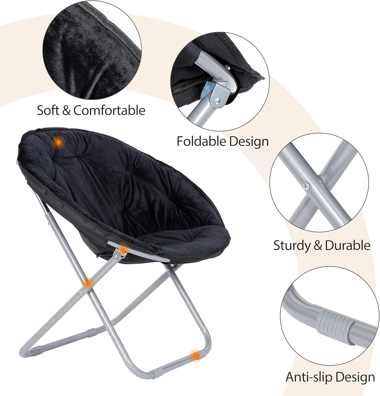 ZenStyle Set of 2 Faux Fur Chairs, Folding Chair Soft Lounge Chair, Portable Moon Chair for Bedroom, Dorm Rooms, Apartments, Lounging, Garden and Courtyard, Black
