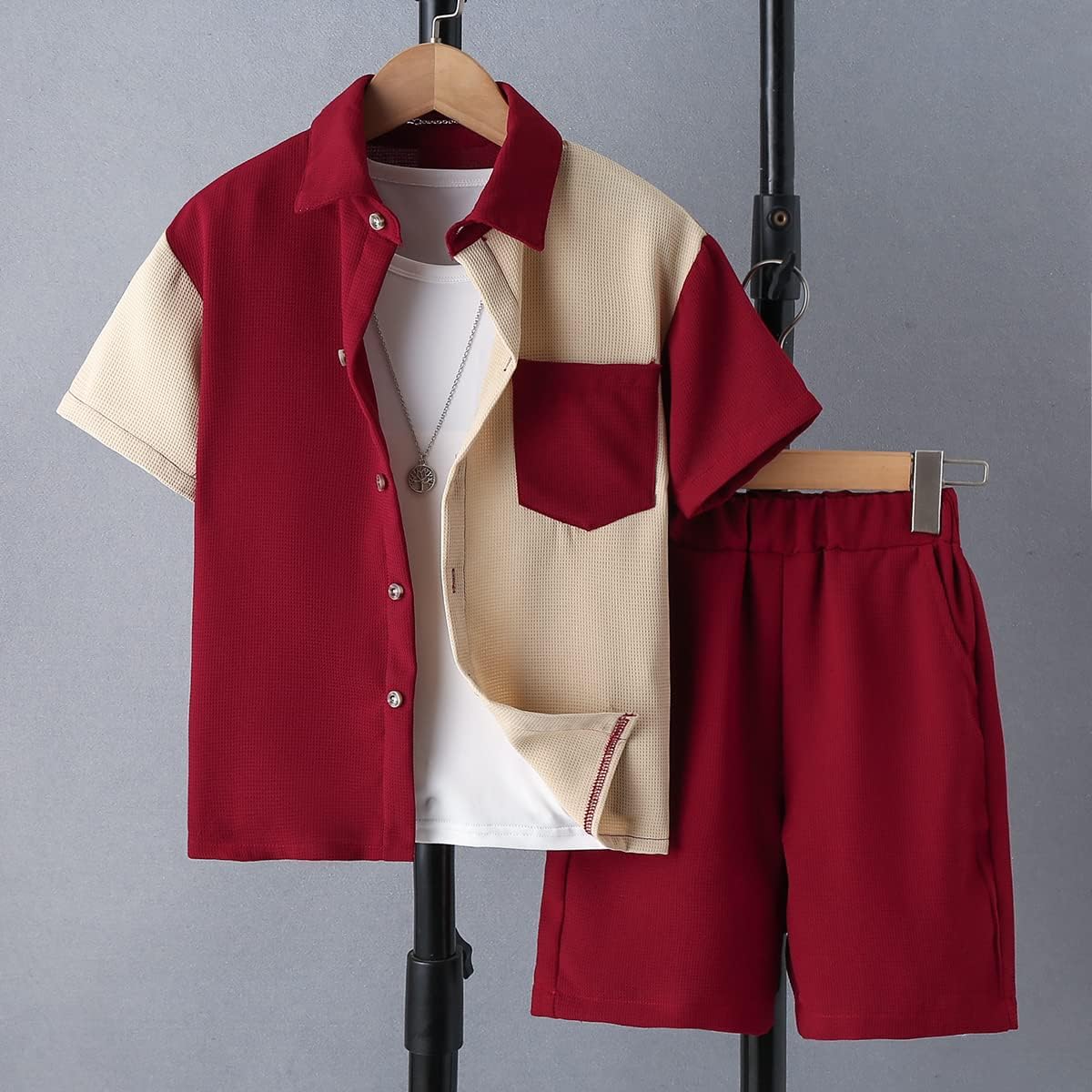 Verdusa Boy's 2 Piece Set Colorblock Button Front Collar Short Sleeve Shirt and High Waist Shorts - Image 5