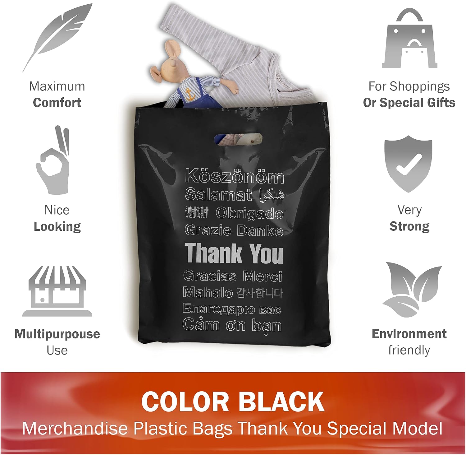 12x18 Black Thank You Bags, Multi-Language, Medium, 2 Mil Thick, 100 Pack image 2