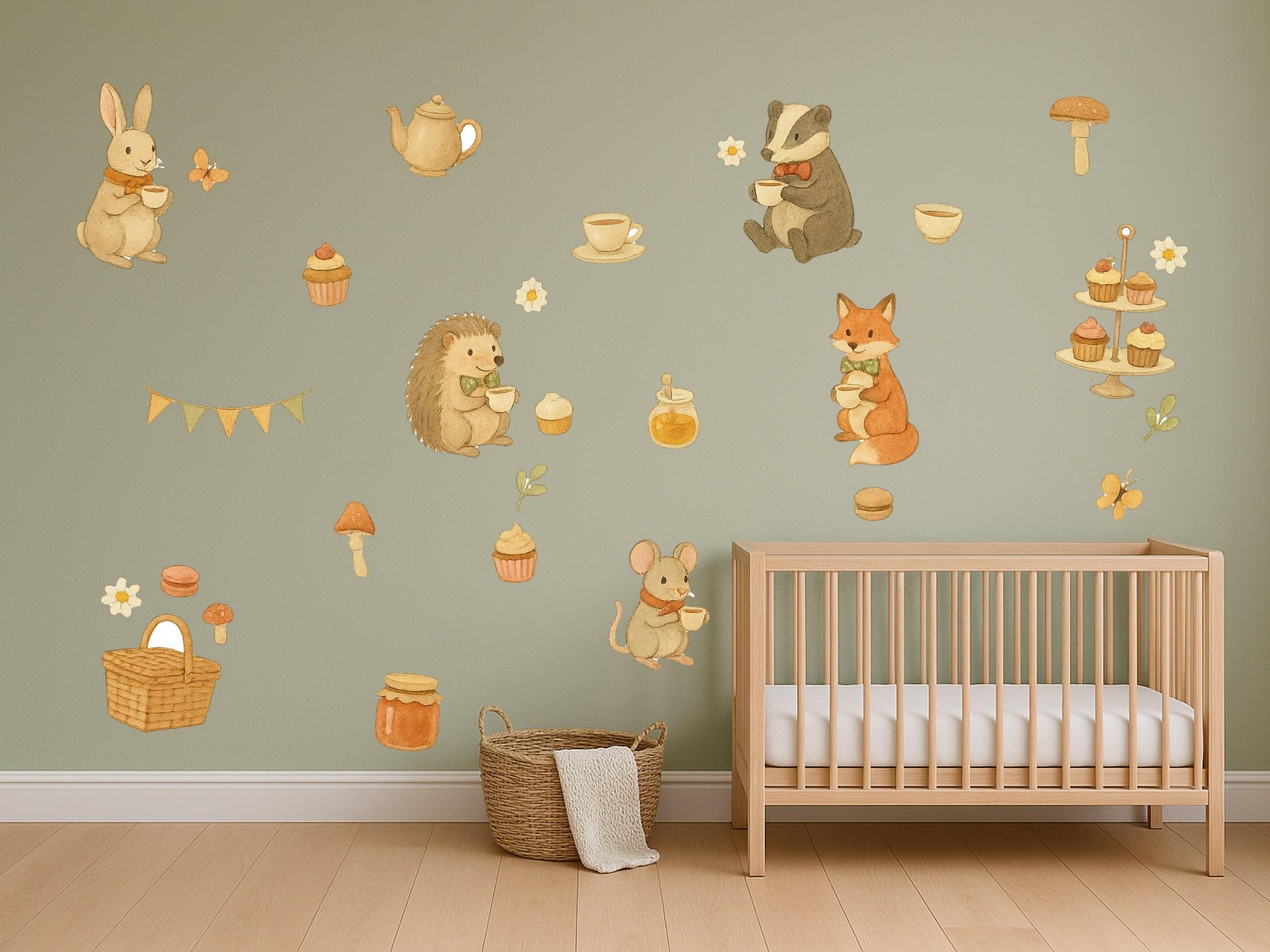 MOOGCO Woodland Tea Party - Set di 29 adesivi da parete rimovibili per cameretta dei bambini, finitura satinata, 59in / 59in / 150 x 150 cm (larghezza x altezza)