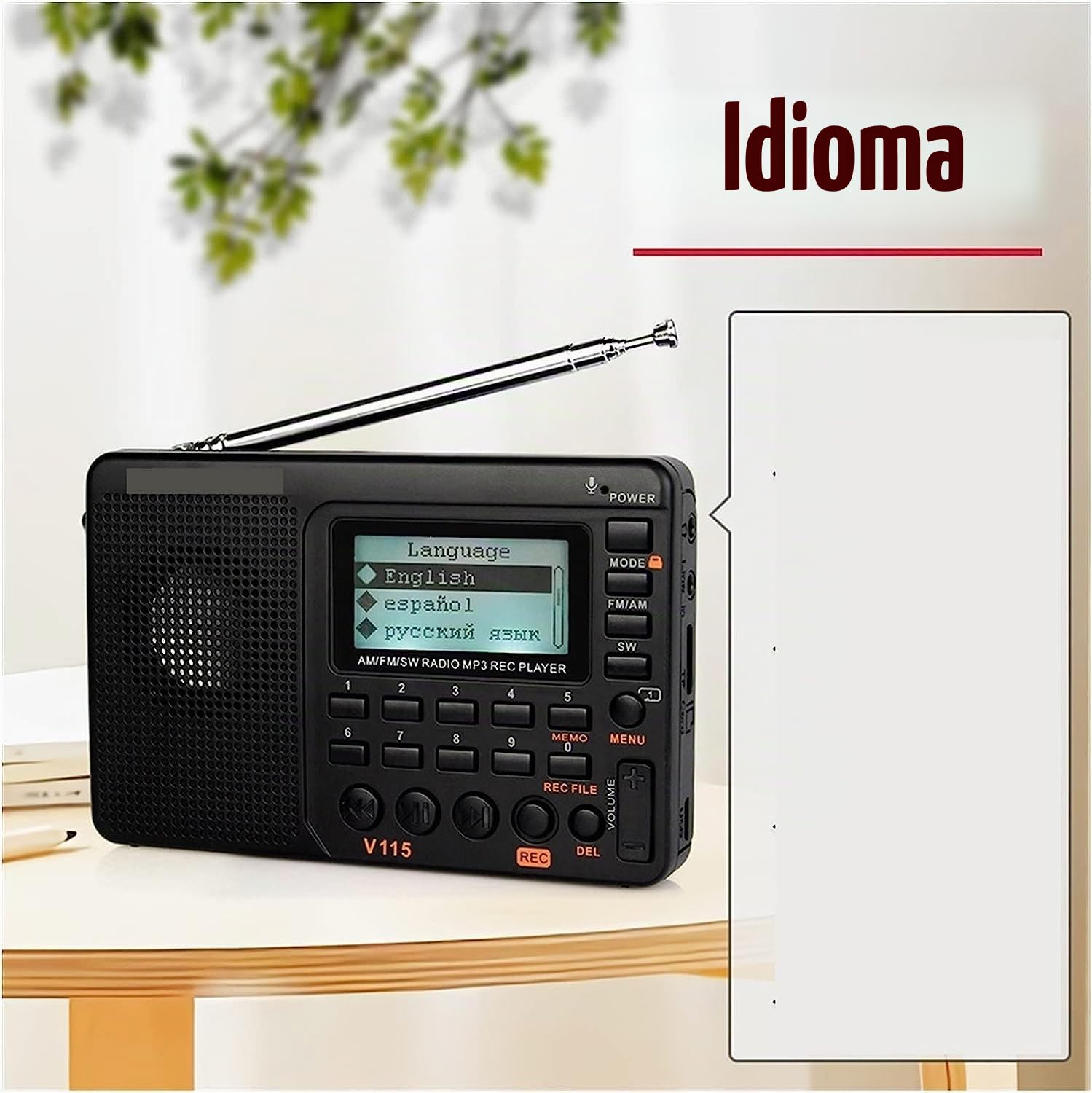 Radio V115 Radio AM FM SW radio bolsillo onda corta FM altavoz, admite tarjeta TF, grabadora USB, modo de suspensión