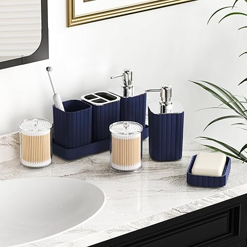 Miniatura 2 de Juego de baño con cortina de ducha y alfombras, juego de accesorios de baño de 25 piezas, juego de cortina de ducha azul marino, cepillo de inodoro,