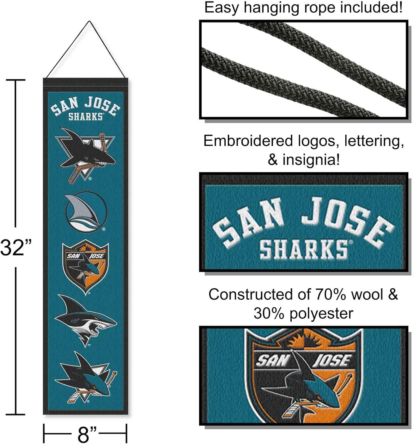 WinCraft San Jose Sharks Evolution 8x32 Inch Vertical Wool Embroidered Hanging Banner