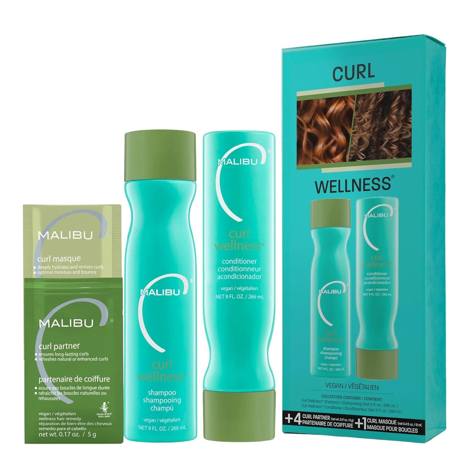 Malibu C Curl Wellness Collection - Curly Hair Care Set with Shampoo, Conditioner, Remedy Packets & Hair Mask - For Wavy, Kinky, Textured & Permed Curls - Vegan (4 ct)