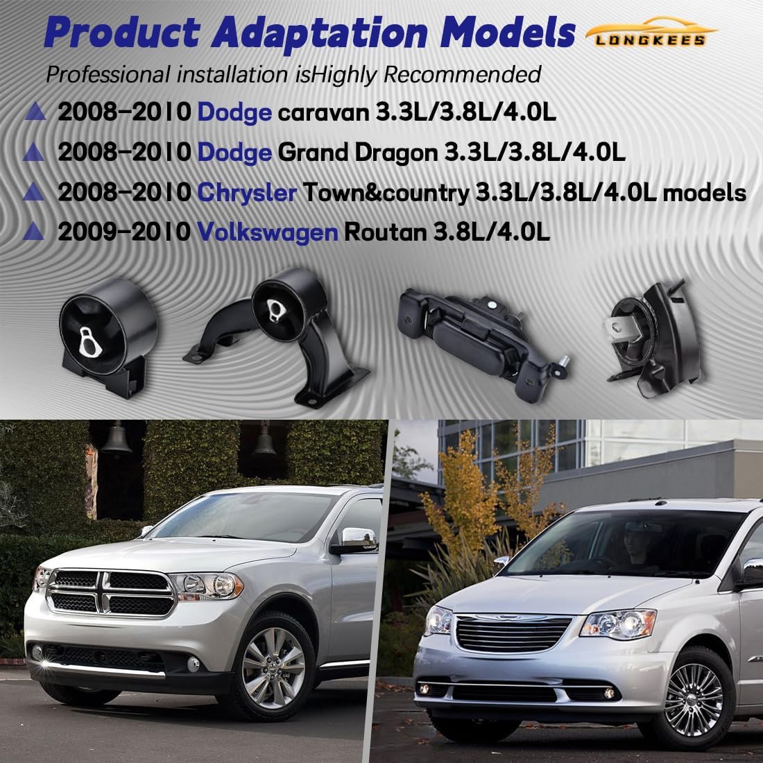 Engine Motor Mount Set 4Pcs FIT 2008-2010 Chrysler Town & Country 3.3L 3.8L 4.0L & Dodge Grand Caravan 3.3L 3.8L 4.0L, Replacement for A5654 A5480 A5465 A5493 GP3156 GP3186 GP3155 GP3228