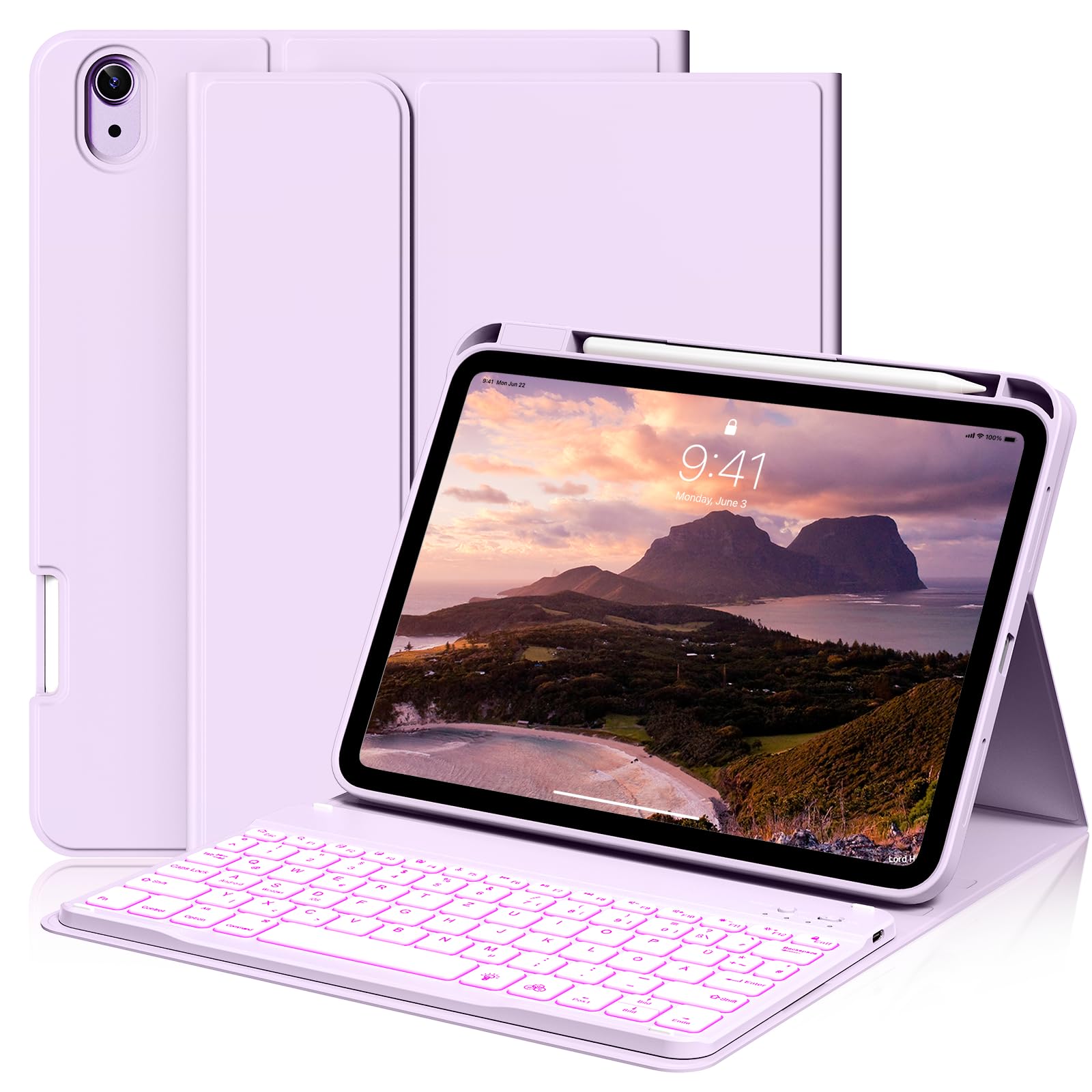 SZPCGC Hülle mit Tastatur für iPad A16 11/10 Generation (2025/2022, 11/10.9 Zoll)- 7 Farben Beleuchtete Magnetische Abnehmbare Keyboard Schutzhülle mit Stifthalter für iPad 11. /10. Gen, (Lila)
