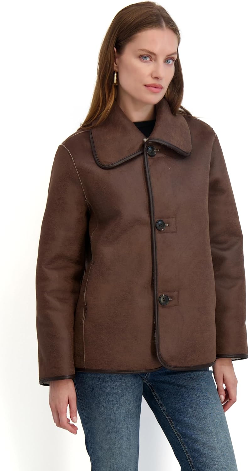 TAHARI Women's Faux Shearling Jacket With Pu Trim, Button Closure, Unlined - Image 3