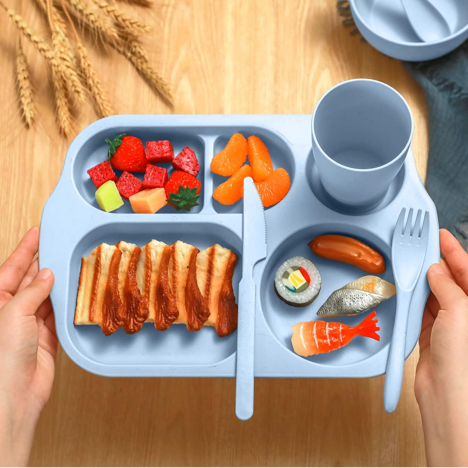 Tanlade 24 Pcs Wheat Straw Dinnerware Cutlery Sets, Divided Plates Unbreakable Bowl Microwave Dishwasher Safe Tableware Cutlery Spoon Knife Fork Cup(Blue)