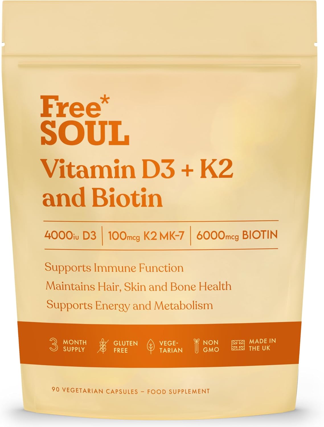 Vitamin D3 + K2 and Biotin, 3 in 1 Complex | High Strength D3 4000IU, K2 MK-7 & Biotin 6000mcg | Immunity, Heart, Hair, Skin, Nails, Support | UK Made | Lab-Tested | 90 Capsules | Free Soul