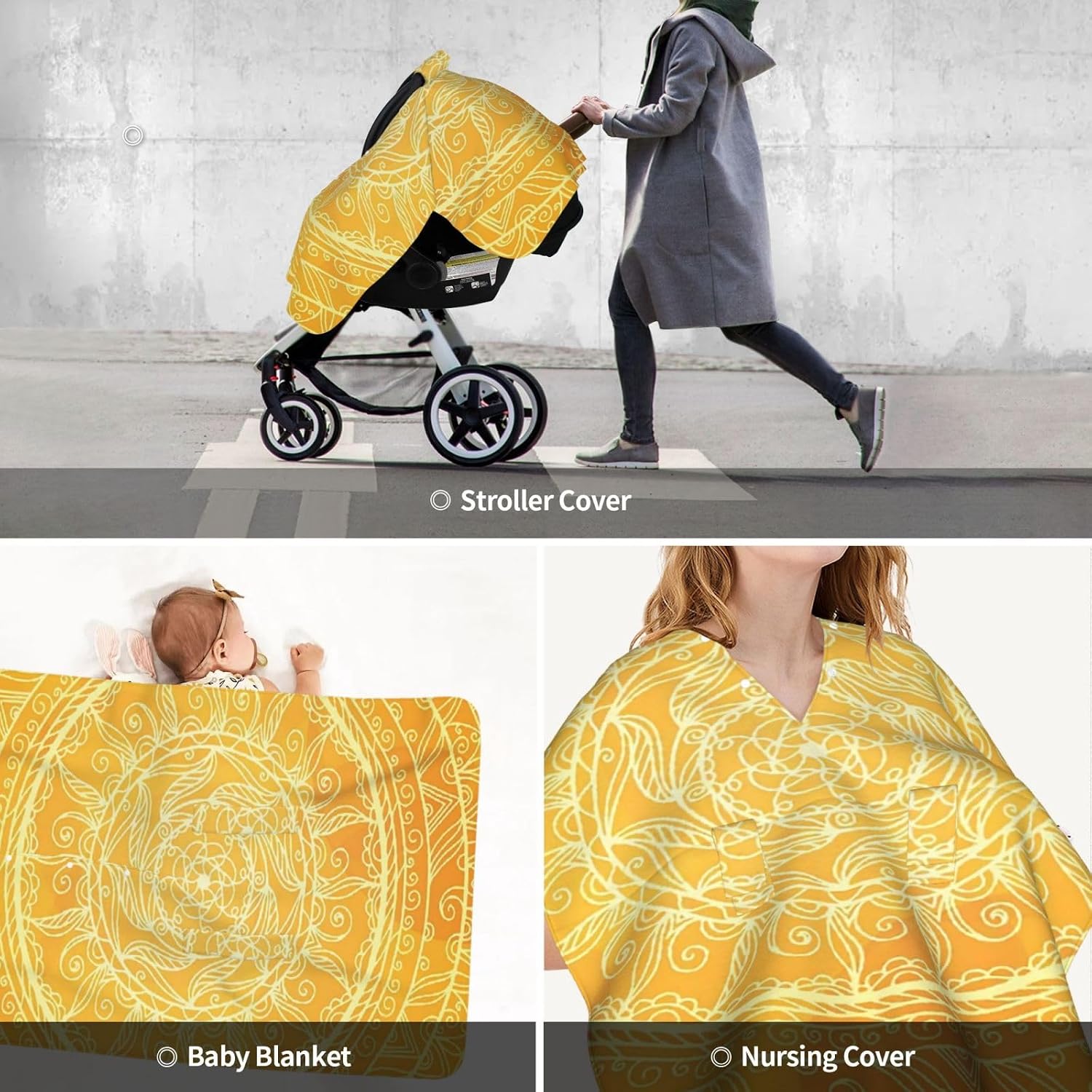 Mandala Vintage Style Authentic Circles Sun Inspired Cosmic Blossom Moroccan Baby Car Seat, Rain Shelter, Multifunctional Nursing Cover for Newborns, Mother Care, Breastfeeding