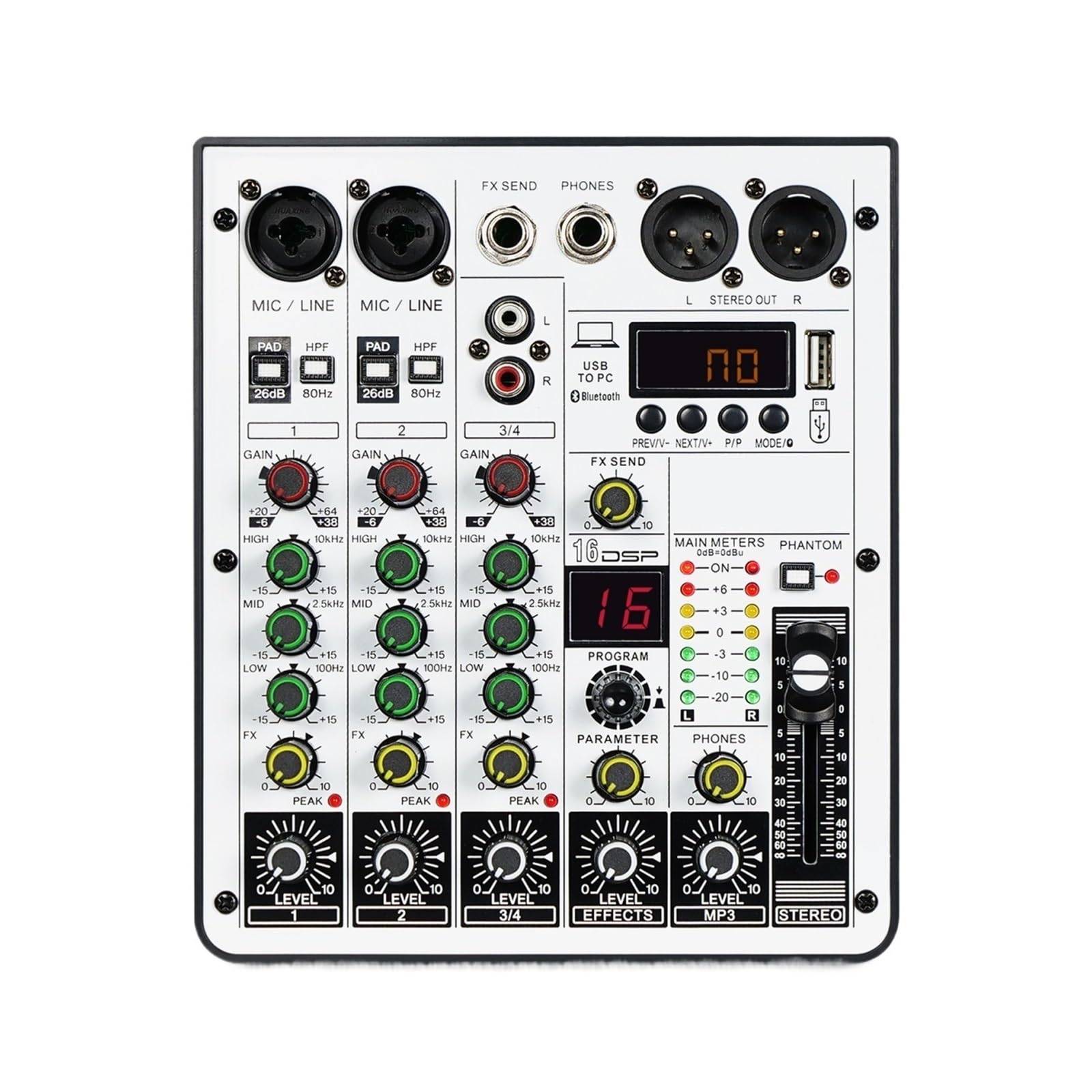 Mixer Audio A 4 Canali, Mixer DJ Con Interfaccia Audio USB, Funzione Bluetooth, 16 Effetti Ed EQ A 3 Bande