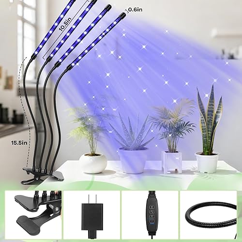 Miniatura 2 de Luces LED de crecimiento, 4 cabezales, luz roja y azul para plantas con abrazadera para plantas de interior y arranque de semillas, 10 niveles