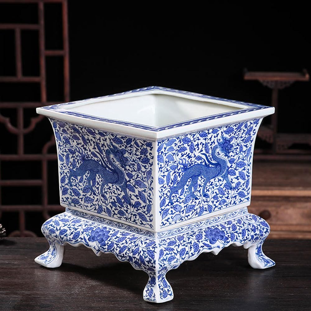 SWENEEN Square Blue And White Porcelain Decorative Flower Pot Ceramic Planter Pot With Drainage Hole And Saucer For Bonsai Plants Flower Aloe Indoor/Outdoor Home Decoration,