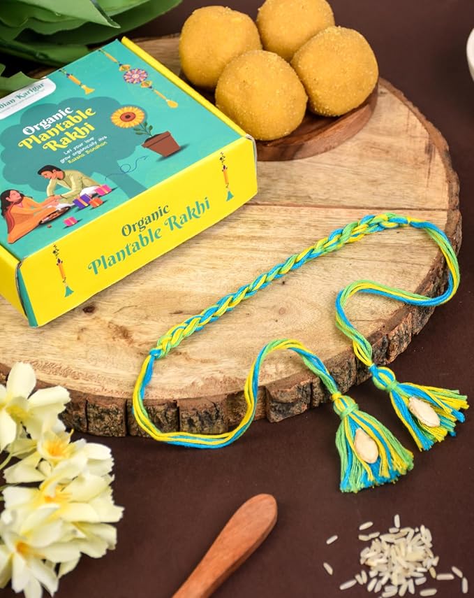 Indian Karigar Organic Plantable Rakhi for Brother with Gift Combo Set Seed Plantable Rakhi Combo with Wax Candle Puja Essentials and Greeting Card in Rakhi Gift Box Rakhi for Brother & Bhabhi