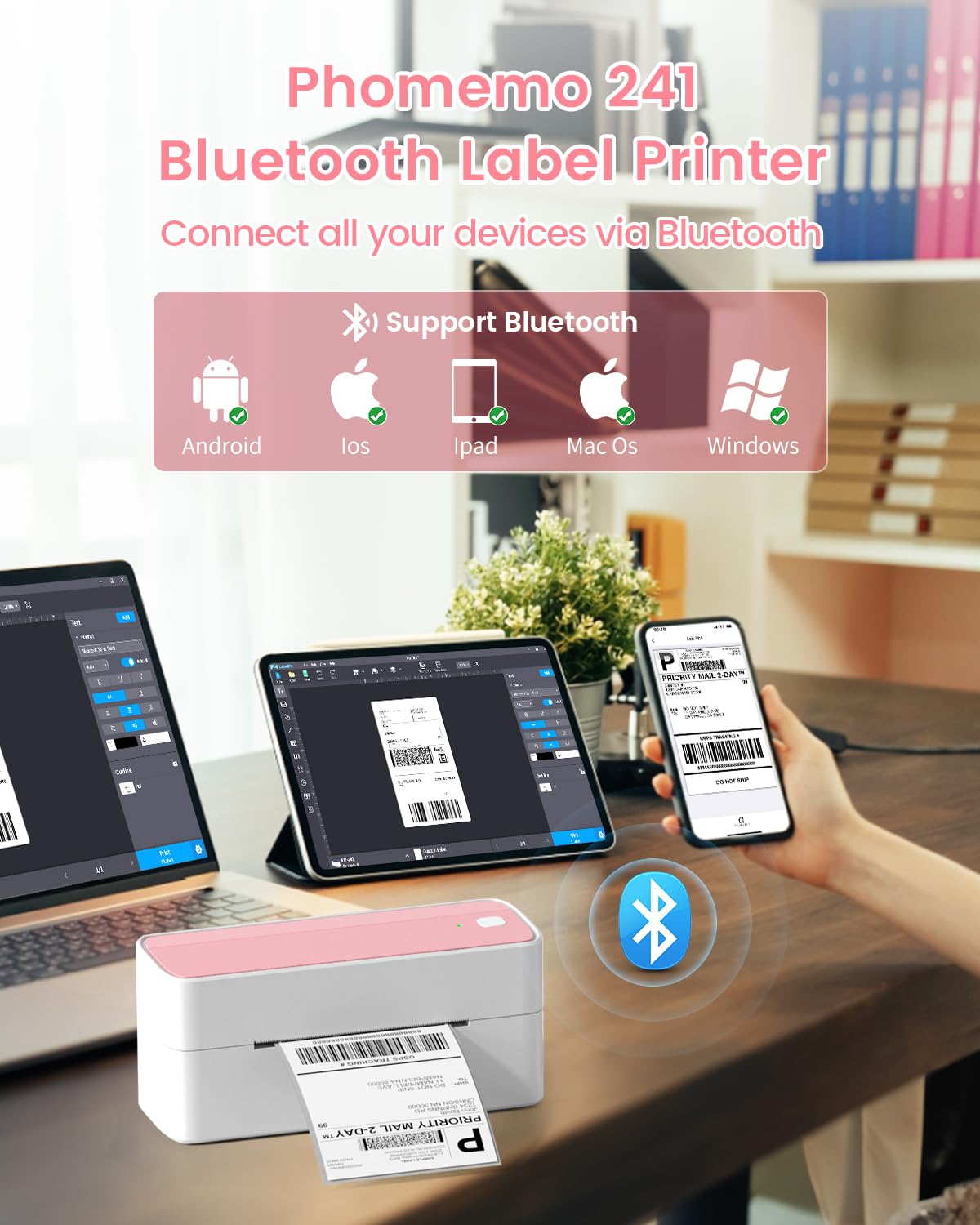 Phomemo Drukarka etykiet Bluetooth 241BT, drukarka termiczna 4x6 DHL samoprzylepna drukarka etykiet, drukarka etykiet Bluetooth dla firm, UPS, Amazon, DHL, Shopify, Ebay - Rosa