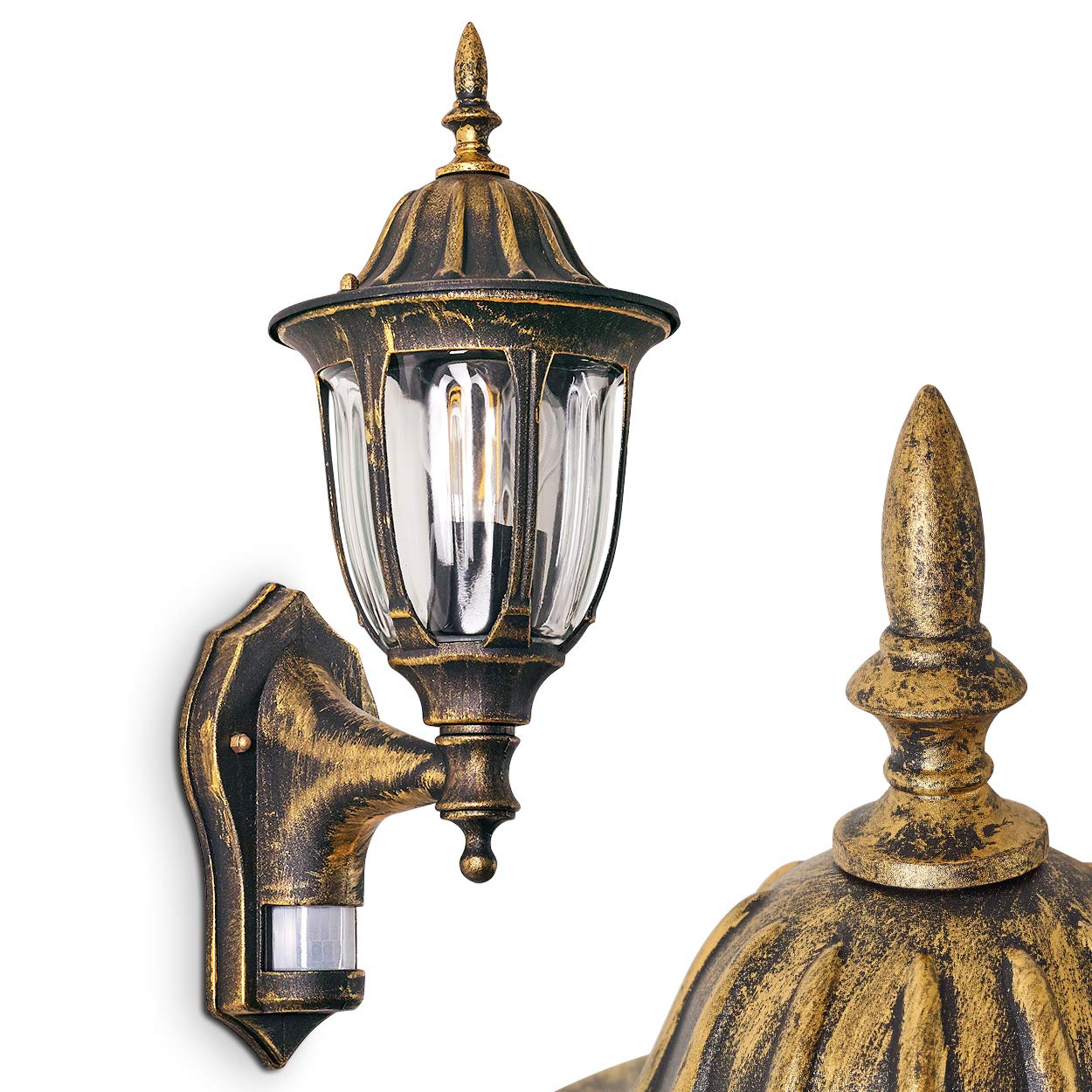 Hofstein Brown-Gold Outdoor Wall Lamp Ribadeo W. Motion Detector, Wall Light Upwards In Antique Look, Cast Aluminium In Brown/Gold W. Clear Glass Panes, For Terrace/Yard, E27-Socket, Retro/Vintage, Without Bulbs