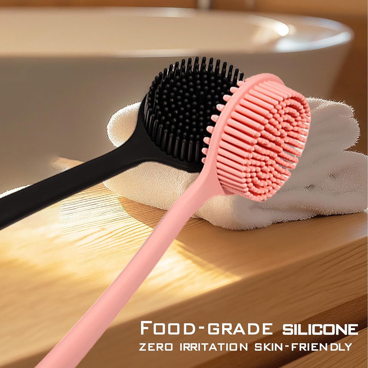 Silicone Back Scrubber for Shower, 15 inches Length Long Handle Double Sided Body Brush with Face Scrubber, Bath Sponges Mesh Balls, Adhesive Wall Hooks (Pink)