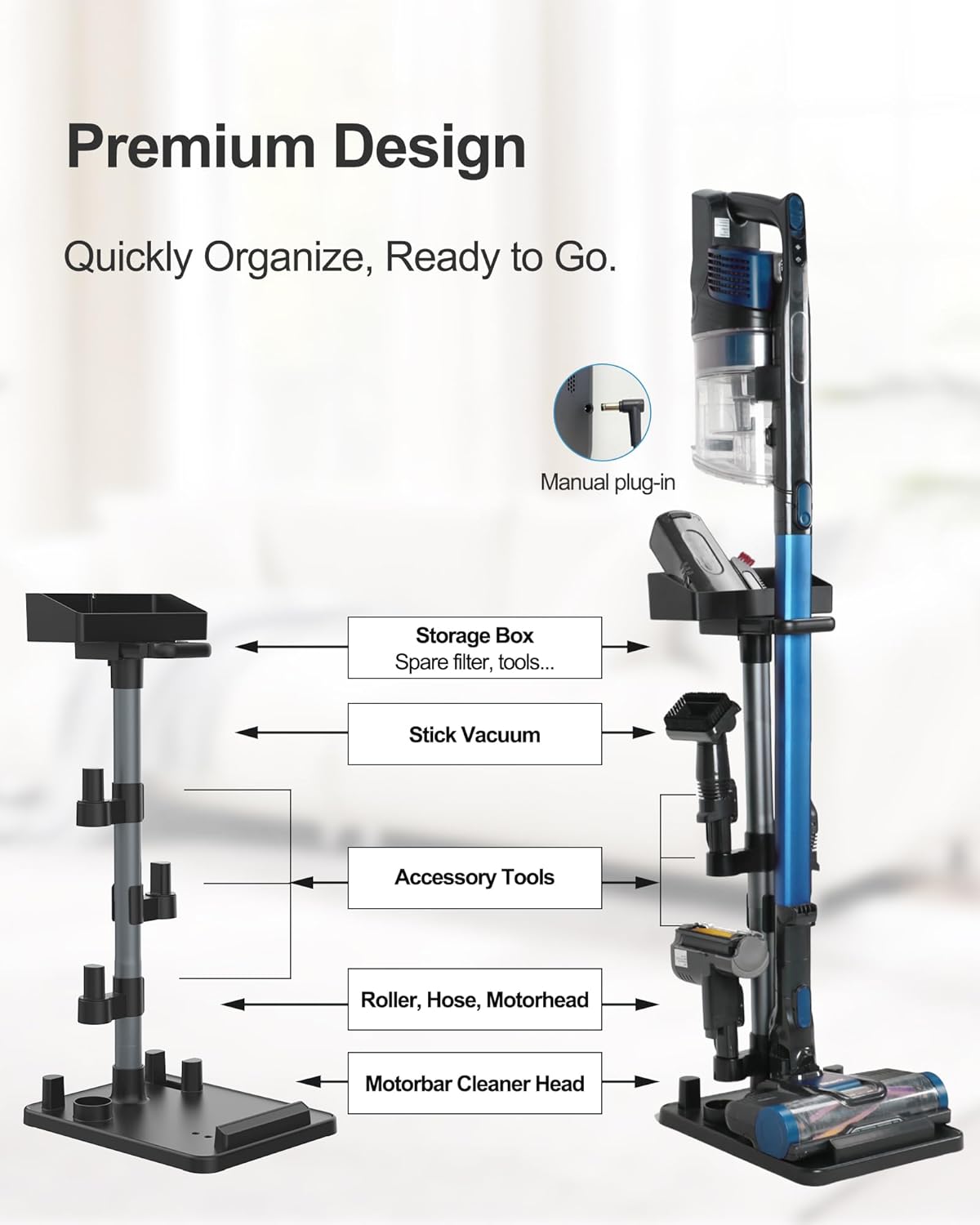 Portek Cordless Vacuum Cleaner Stand, Longer Fixed Height Stick Vacuum Standing Dock, 7 Accessory Holders Attachments Organizer and Storage Box, Black (Max. 1.8" Vac Wand, 28" One-Height)