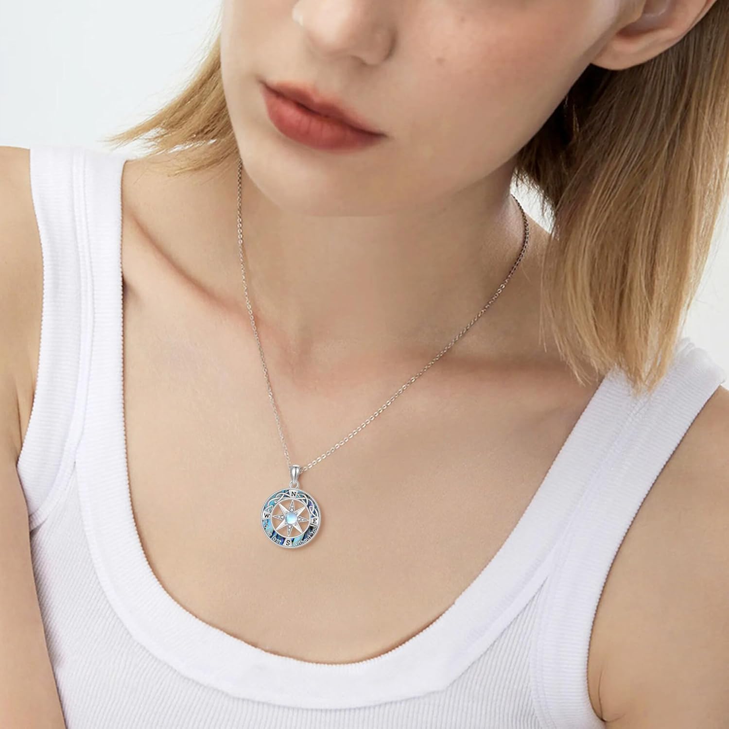 ONEFINITY Compass Necklace 925 Sterling Silver Celtic Knot Moonstone Abalone Shell Pendant Necklace Graduation Birthday Anniversary Jewelry Gifts for Women Wife Her - Image 3