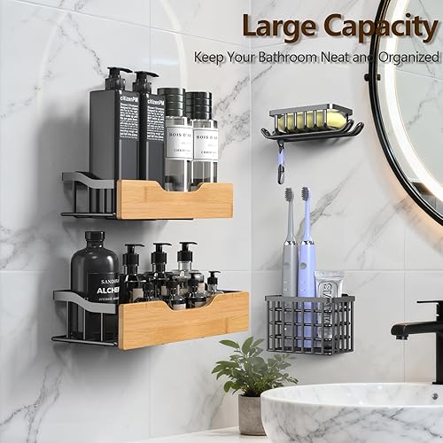 Miniatura 5 de Juego de 4 estantes de ducha adhesivos con jabonera, soporte para cepillos de dientes para organización del baño