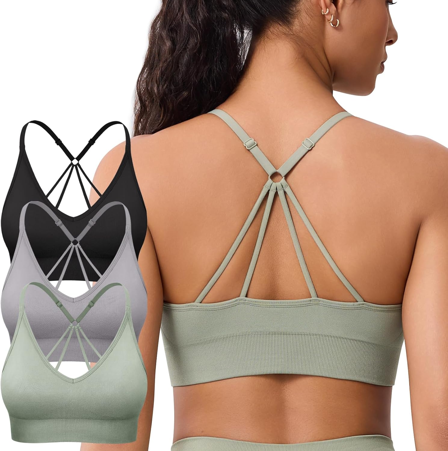 Strappy V Neck Sport Bra for Women, Multipack Padded Seamless Wireless Supportive Racerback Criss Cross Workout Yoga Bra Pack