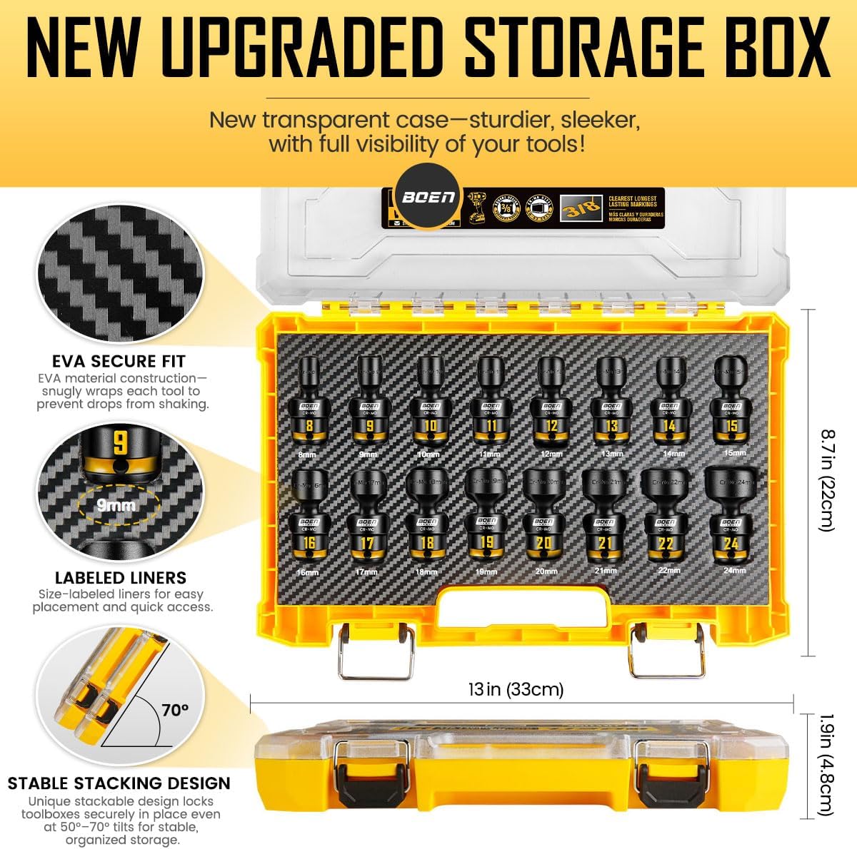 BOEN Pro 3/8 Inch Drive Impact Swivel Socket set, 16-Pieces 8-24mm, 6-Point Shallow Metric Universal Wobbly Sockets With Painted Marking, Cr-Mo, Include PP Case, Fit Into Tight and Narrow Spaces