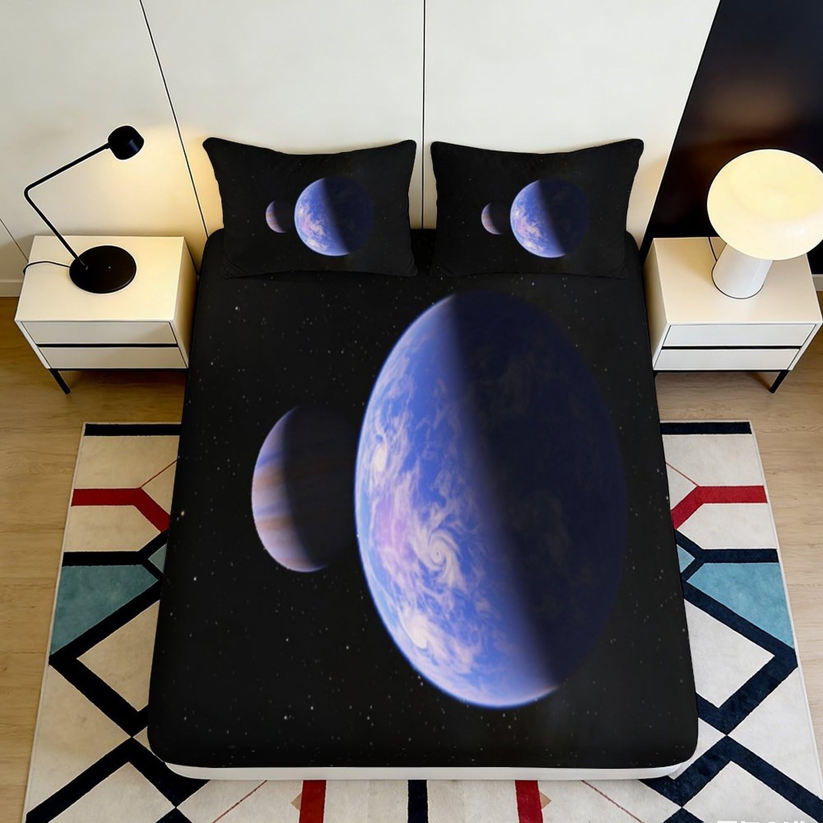 3D Printed Planet Earth Fitted Sheet Microfiber Soft Breathable Space Moon Mattress Cover Bedroom Decor 90x200x25cm
