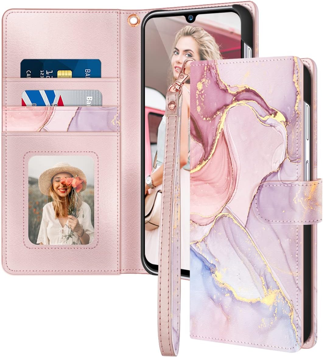 Fingic Samsung Galaxy A14 5G Case,Galaxy A14 5G Phone Case Wallet,Rose Gold Marble 3 Card Holder PU Leather Detachable Wrist Strap Magnetic Wallet Case for Women Phone Cover for Samsung A14 5G,6.6Inch