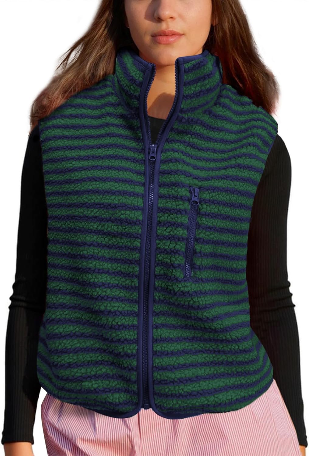 Colorful world Striped Fleece Vest Women High Neck Zip Up Sleeveless Teddy Sherpa Vest with Chest Pocket