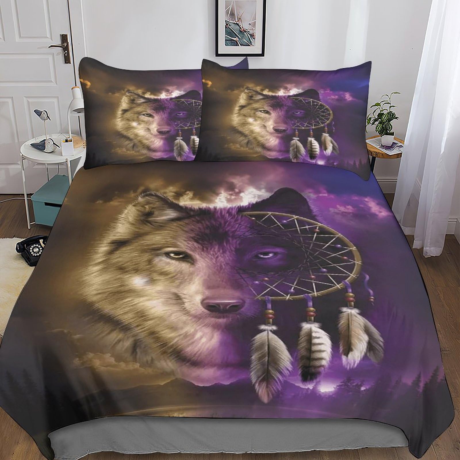 Dafufbw Boys Dream Catcher-1 Lovingly Dream Catcher Duvet Cover With Hidden Zipper, King（220X240cm） Grey Wolf Quilt Cover With Pillowcases, Soft Microfiber Comforter Cover For Girls
