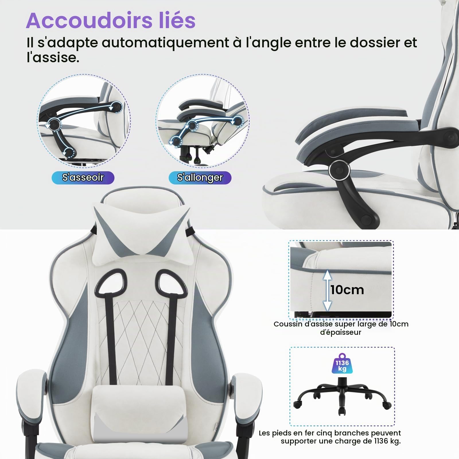 WOLTU Chaise Gaming,Tissu Respirant Ergonomique Fauteuil Gaming,Bleu+Blanc
