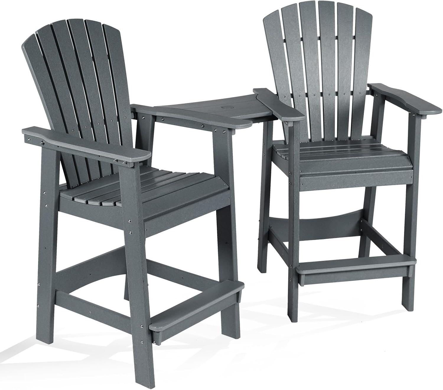 Aoodor Tall Adirondack Chairs Set of 2,HDPE Patio Bar Stool with Connecting Tray,All-Weather Balcony Chair for Outdoor Backyard, Garden, Yard - Gray