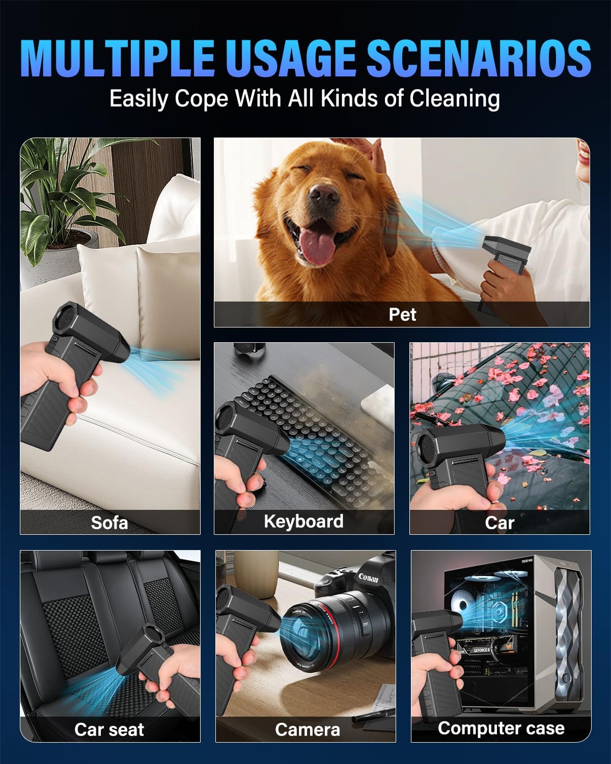 Collage of images showing the Apkezel Air Duster used for various cleaning scenarios: pet, sofa, keyboard, car exterior, car seat, camera, and computer case