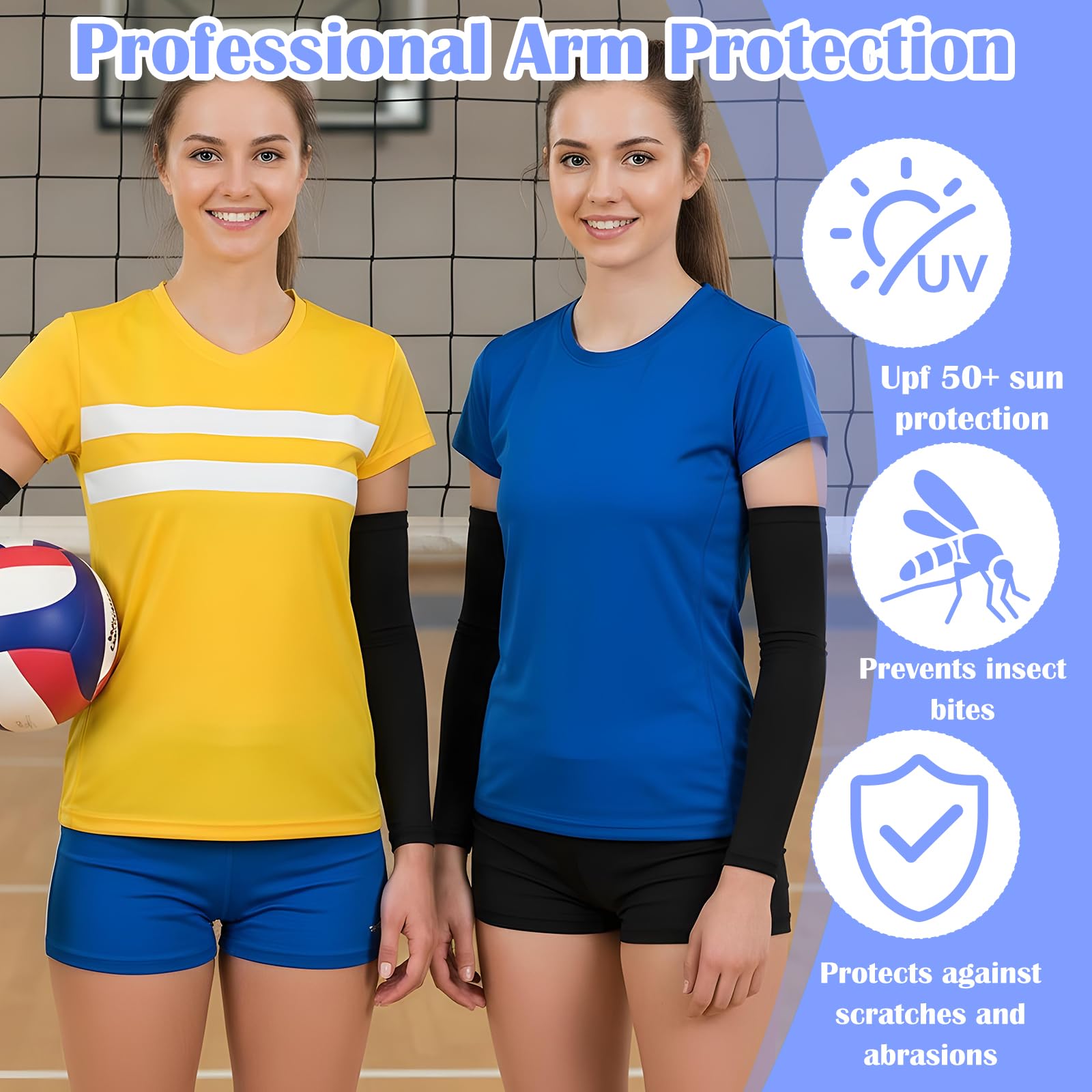 Telooco Manchettes de Volleyball Solaire Manches Noires UV Protection Manchettes Été Compression Volleyball Manches avec Protection Poignet pour Adolescents Femmes Hommes (S)